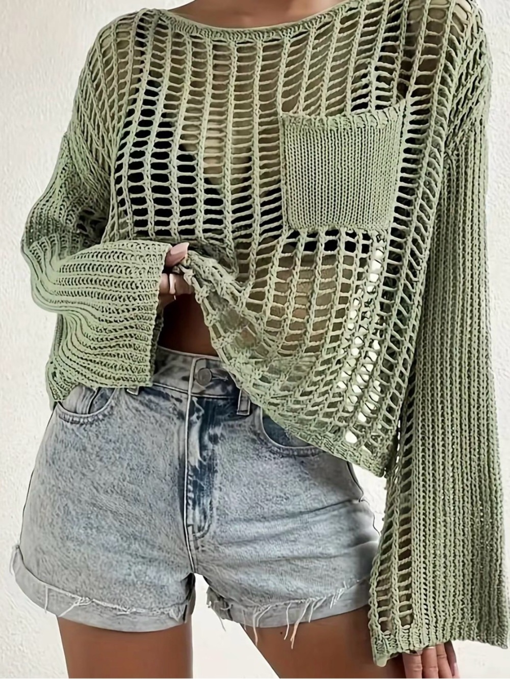 Light Olive Open-Knit Cropped Sweater Top